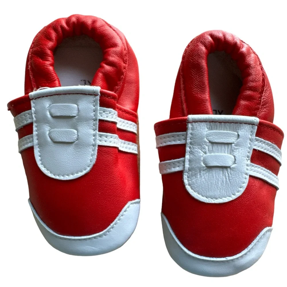 Baby Boy & Girl Leather Shoes Toddler Soft Sole First Walking Crib Red & White